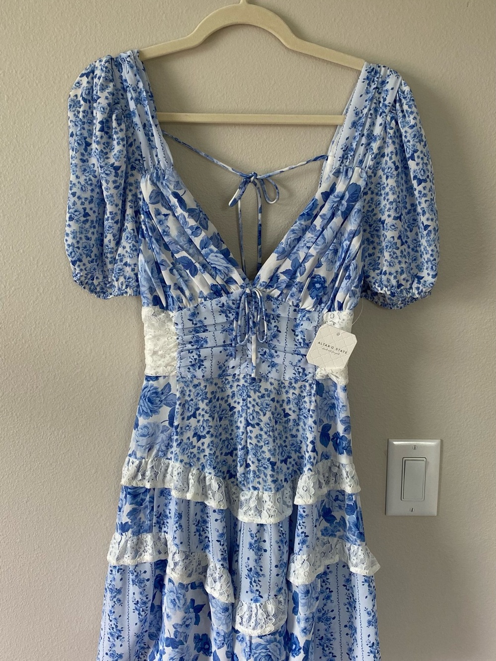 Altar'd State Blue and White Floral Tie-Front Dress